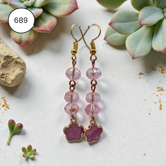 Handmade Jewelry - Pink Crystal Flower Dangle Earrings – Gold Hook Handmade Beaded Jewelry